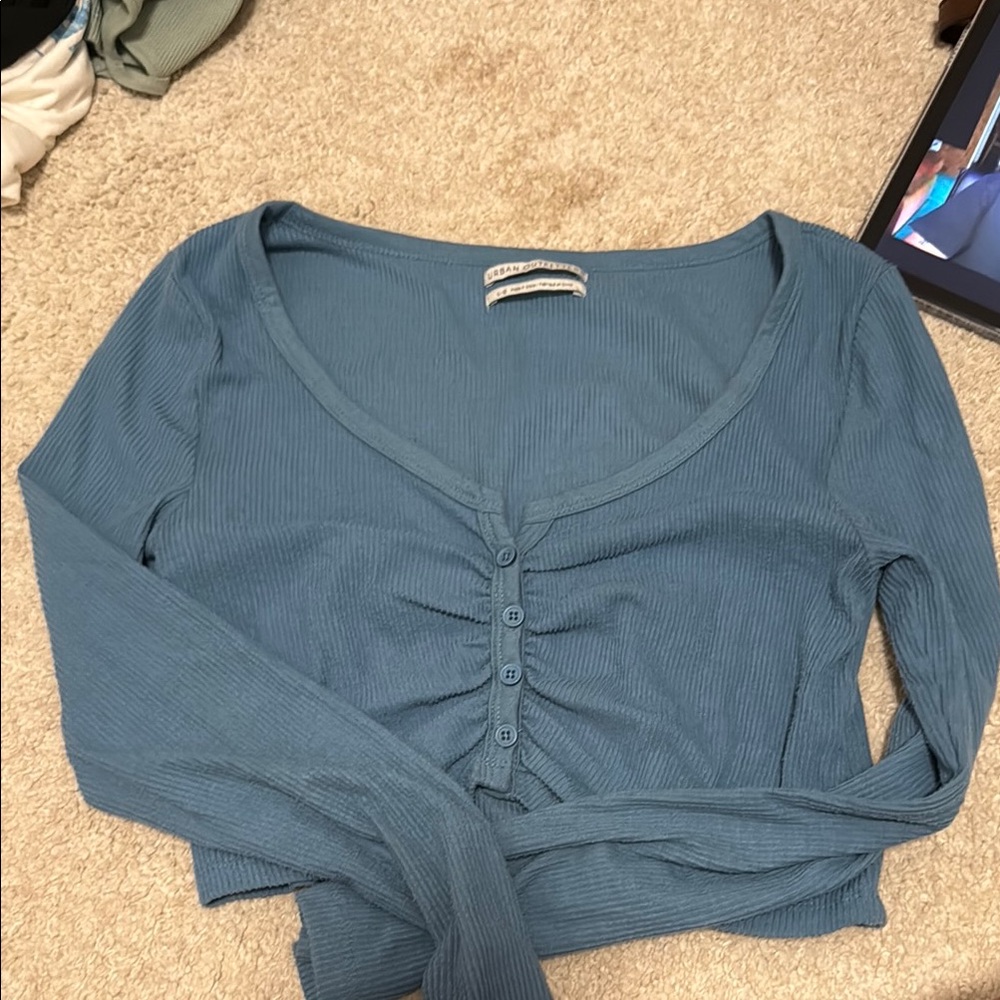 Blue Button-Up Ribbed Crop Top